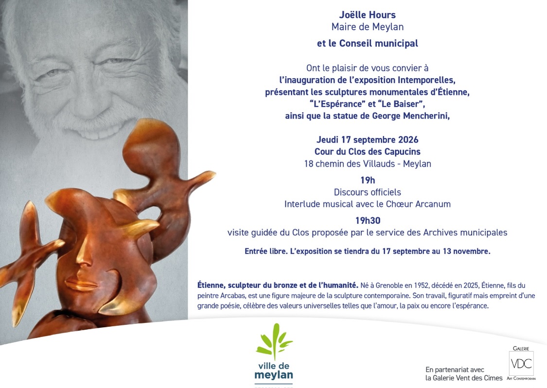 ✨ Et si nous nous retrouvions jeudi soir pour célébrer l’art au cœur de Meylan ?

Habitants, voisins, curieux, amoureux du patrimoine et de la sculpture : vous êtes les bienvenus au vernissage de l’exposition « Intemporelles » proposée en partenariat avec @villedemeylan et @etiennesculpteur 

📍 Clos des Capucins
📅 Jeudi 17 septembre
🕖 19h

À découvrir : les sculptures monumentales d’Etienne, L’Espérance et Le Baiser, ainsi que la statue de George Mencherini, de l’association Artissime.

Une soirée placée sous le signe de l’art, du patrimoine et du partage, qui réservera quelques surprises et notamment un interlude musical par le Chœur Arcanum ou encore une visite guidée du Clos des Capucins par les Archives municipales.
On vous attend nombreux ! ✨

#ledauphinelibere #france3rhonealpesauvergne #beauxquartiersgrenoble #culturebox #expogrenoble
