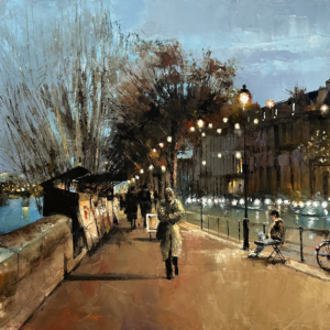 Paris, les bouquinistes des quais de Seine au crépuscule