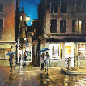 Venise, la rue mouillée sous le lampadaire